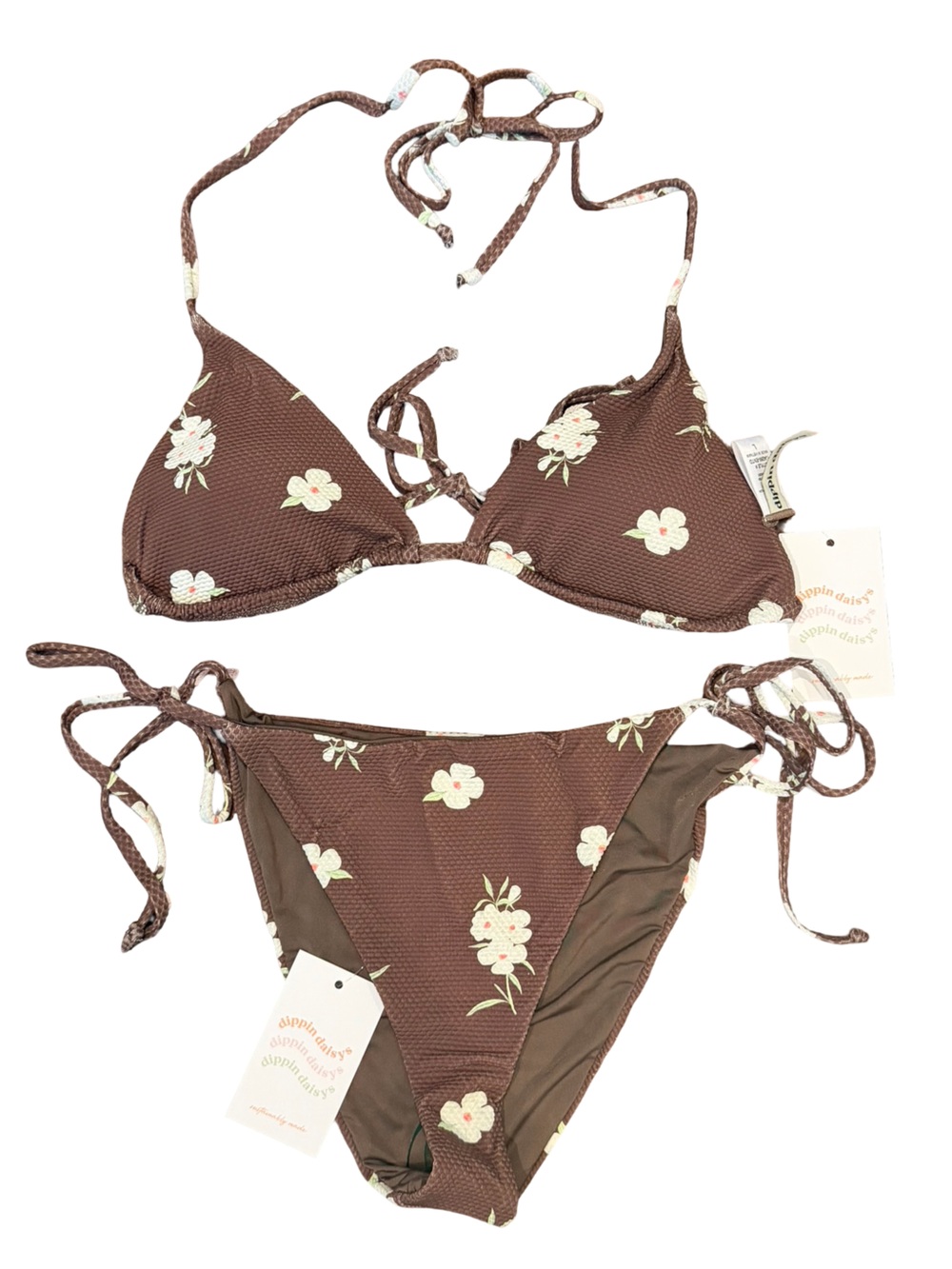Dippin’ Daisy’s Floral String Bikini Set Brown L NWT